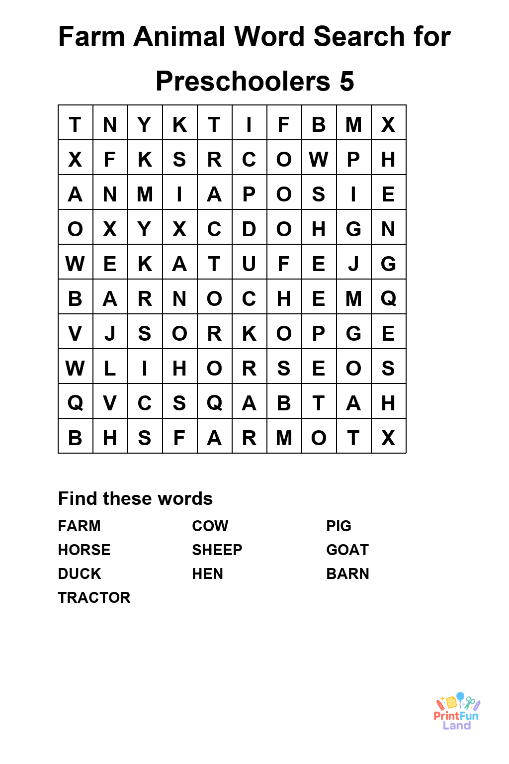Farm Animal Word Search for Preschoolers printable page 5