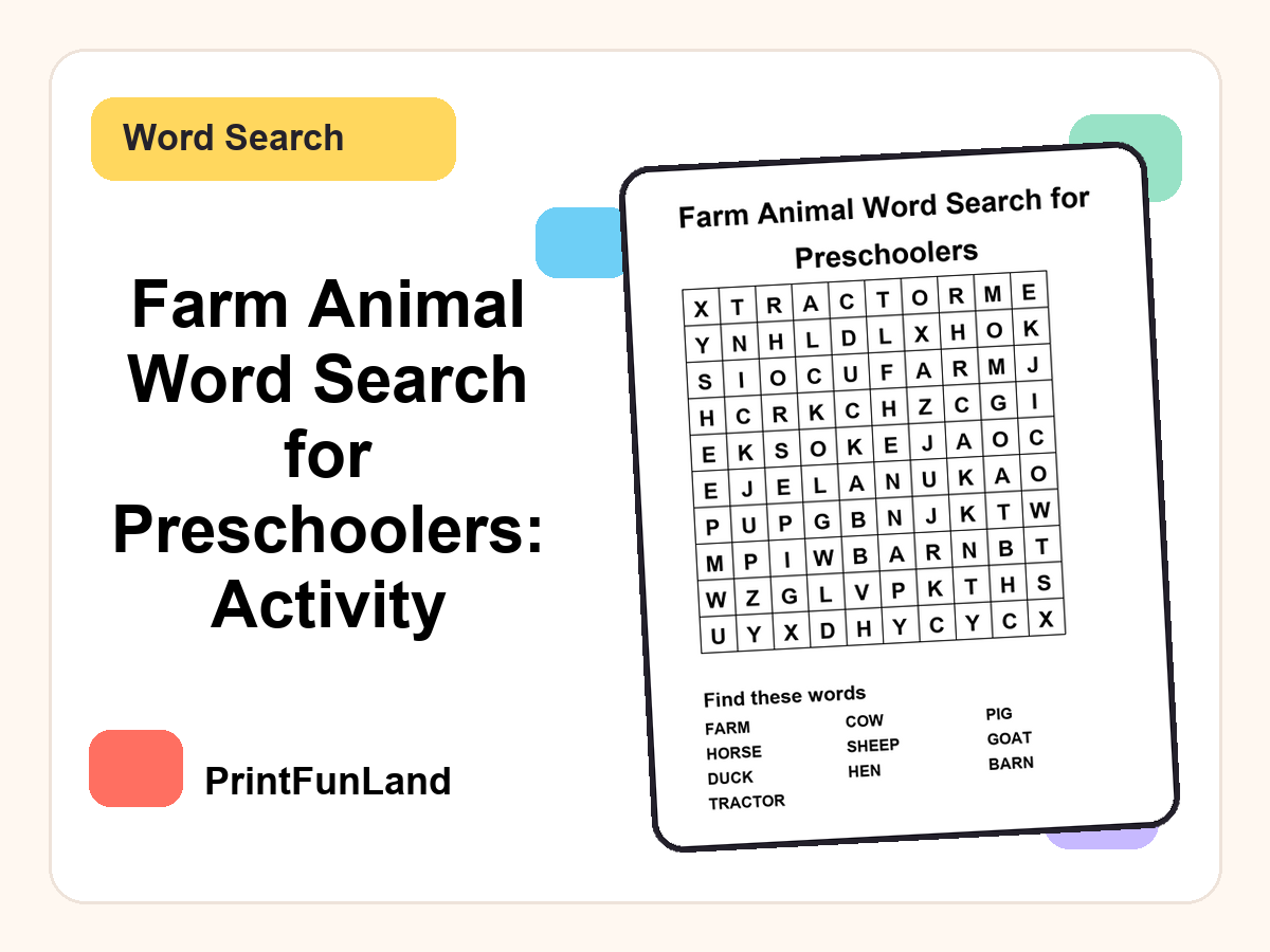 Farm Animal Word Search for Preschoolers printable preview