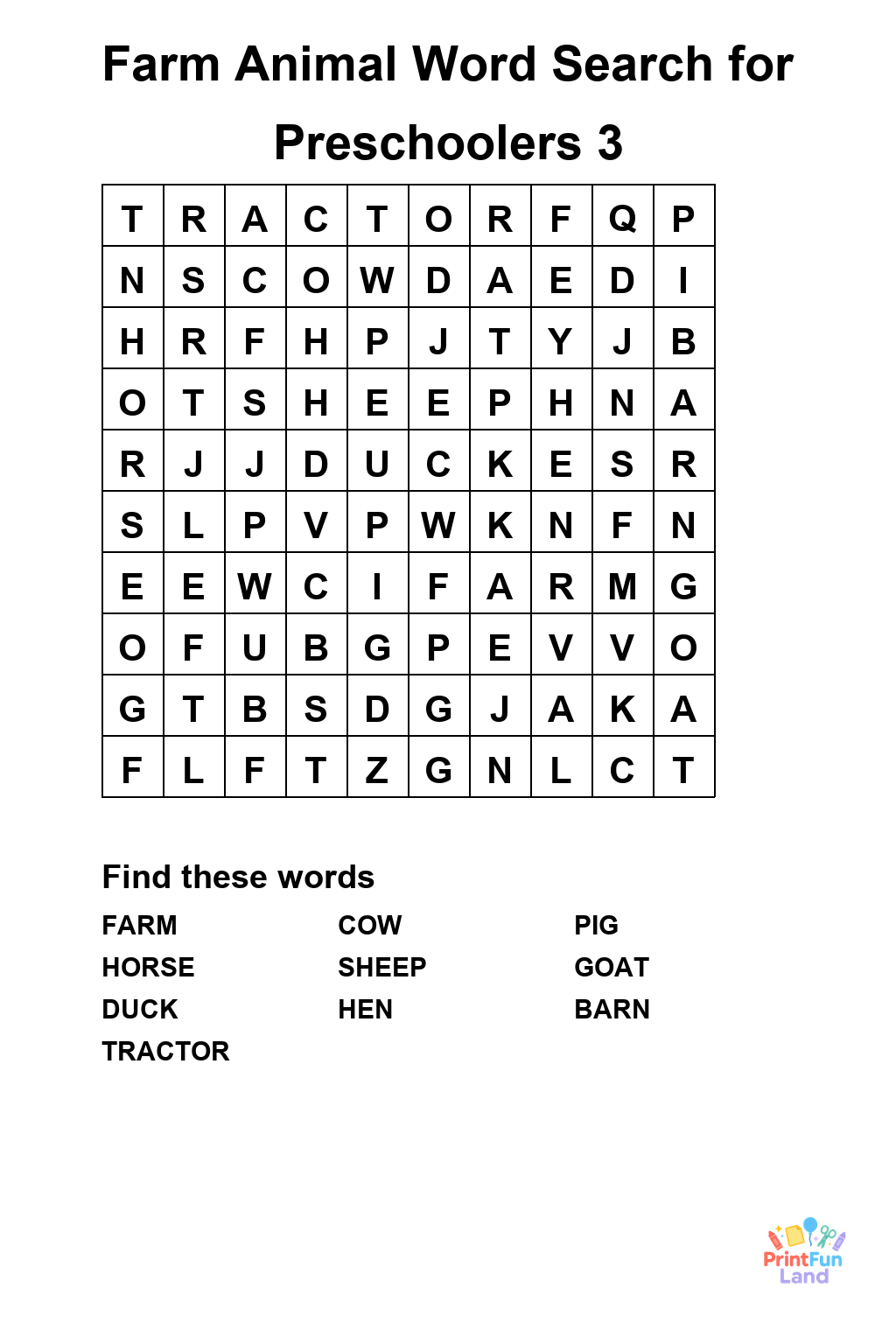 Farm Animal Word Search for Preschoolers printable page 3