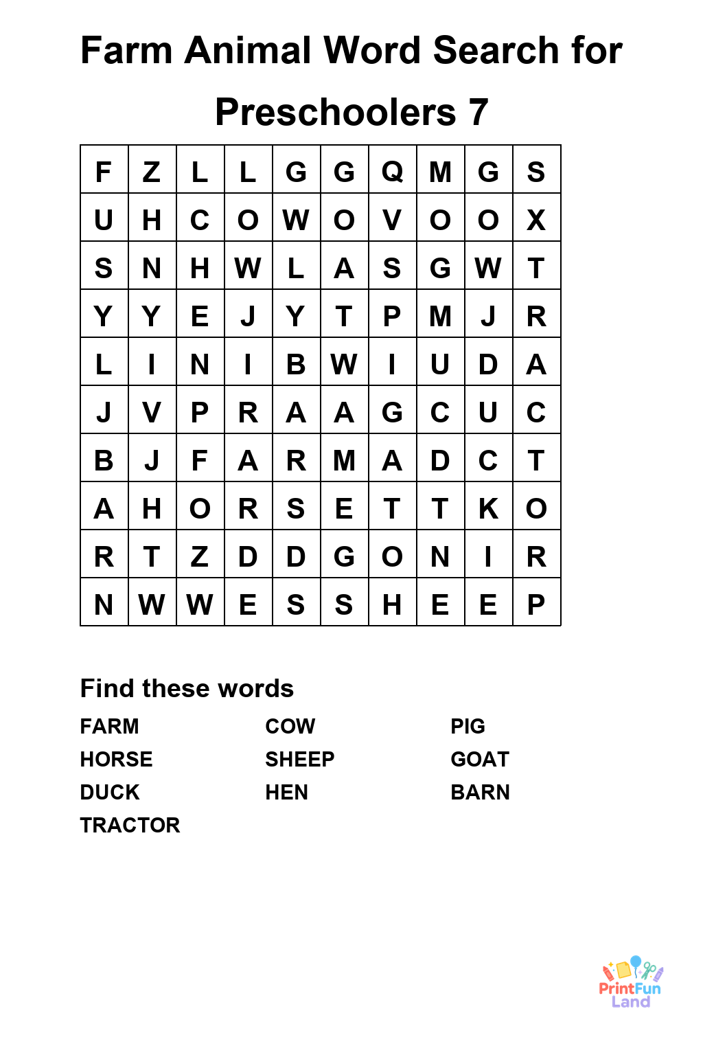 Farm Animal Word Search for Preschoolers printable page 7
