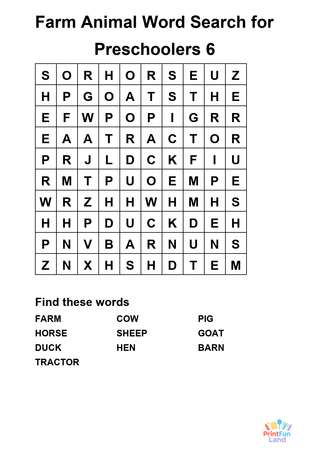 Farm Animal Word Search for Preschoolers printable page 6