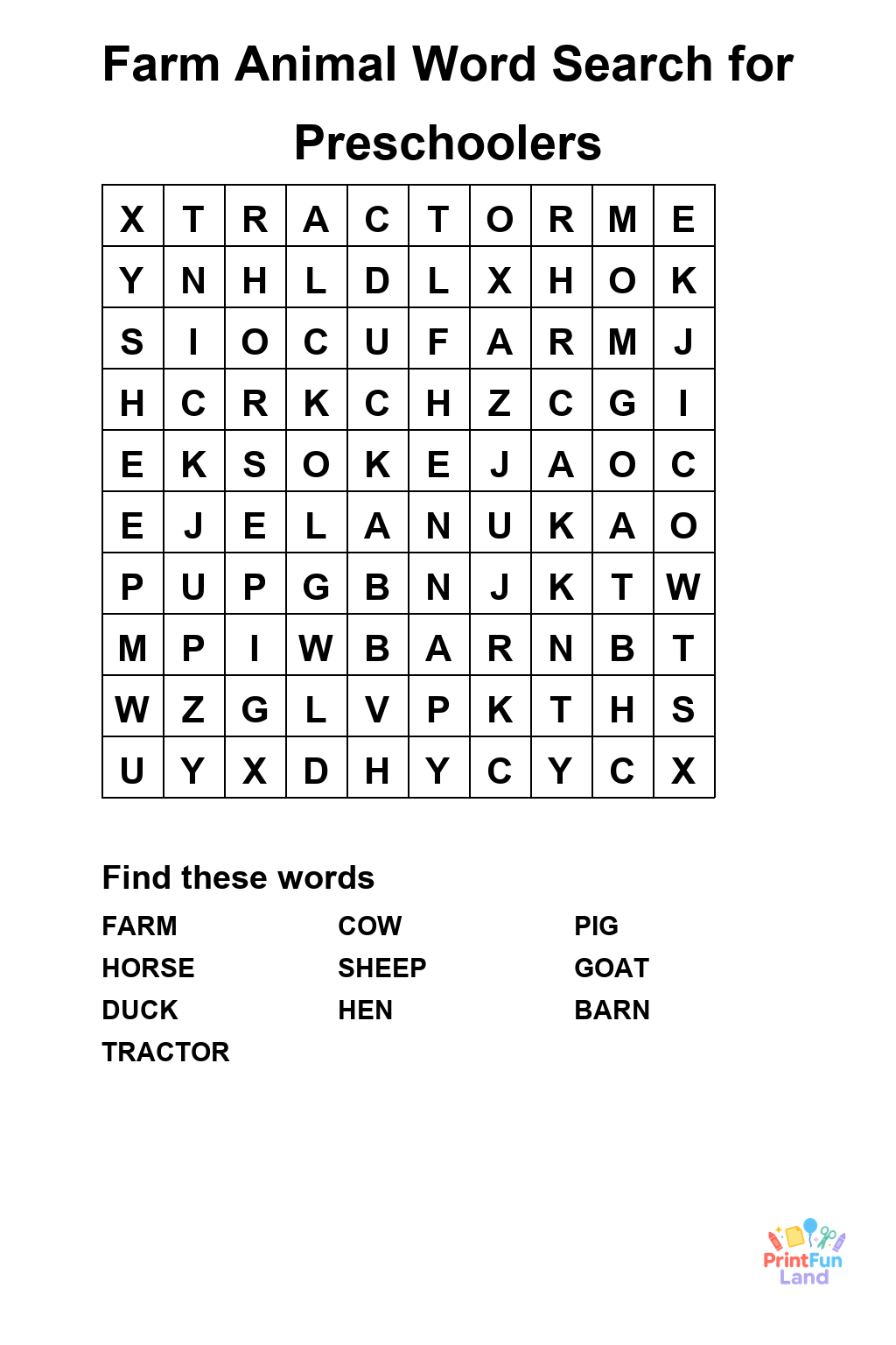 Farm Animal Word Search for Preschoolers printable page 1