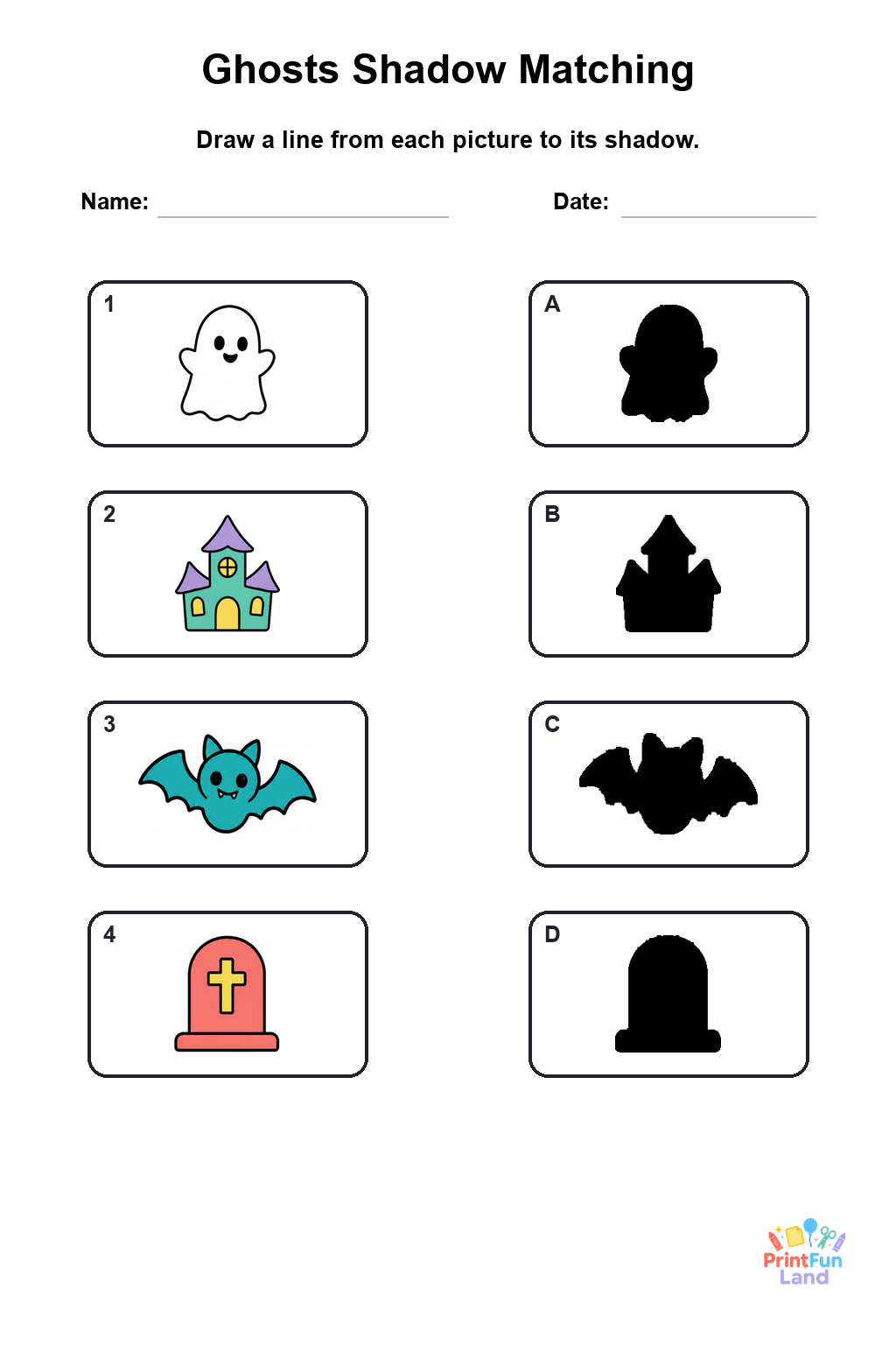 Ghosts Matching Games for Preschoolers printable page 1