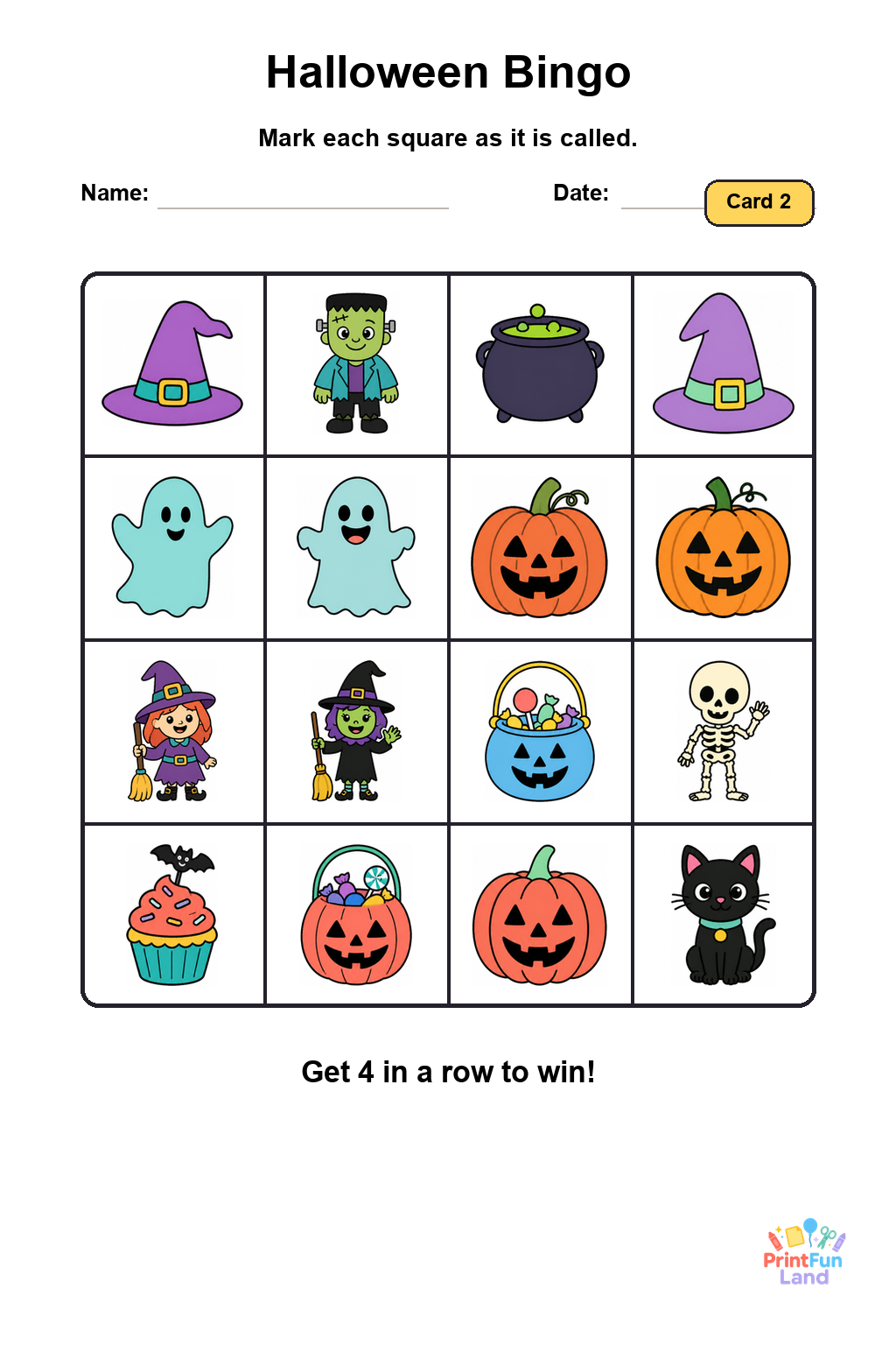 Halloween Bingo for Preschoolers printable page 2