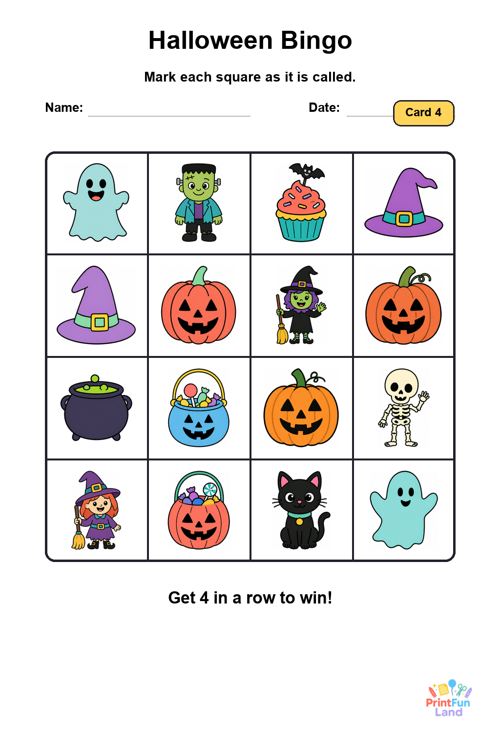 Halloween Bingo for Preschoolers printable page 4