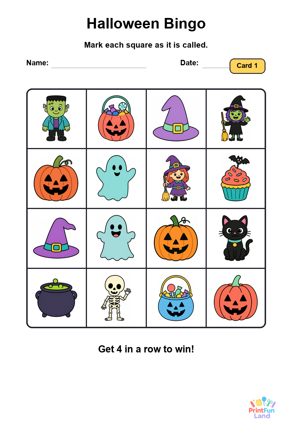 Halloween Bingo for Preschoolers printable page 1