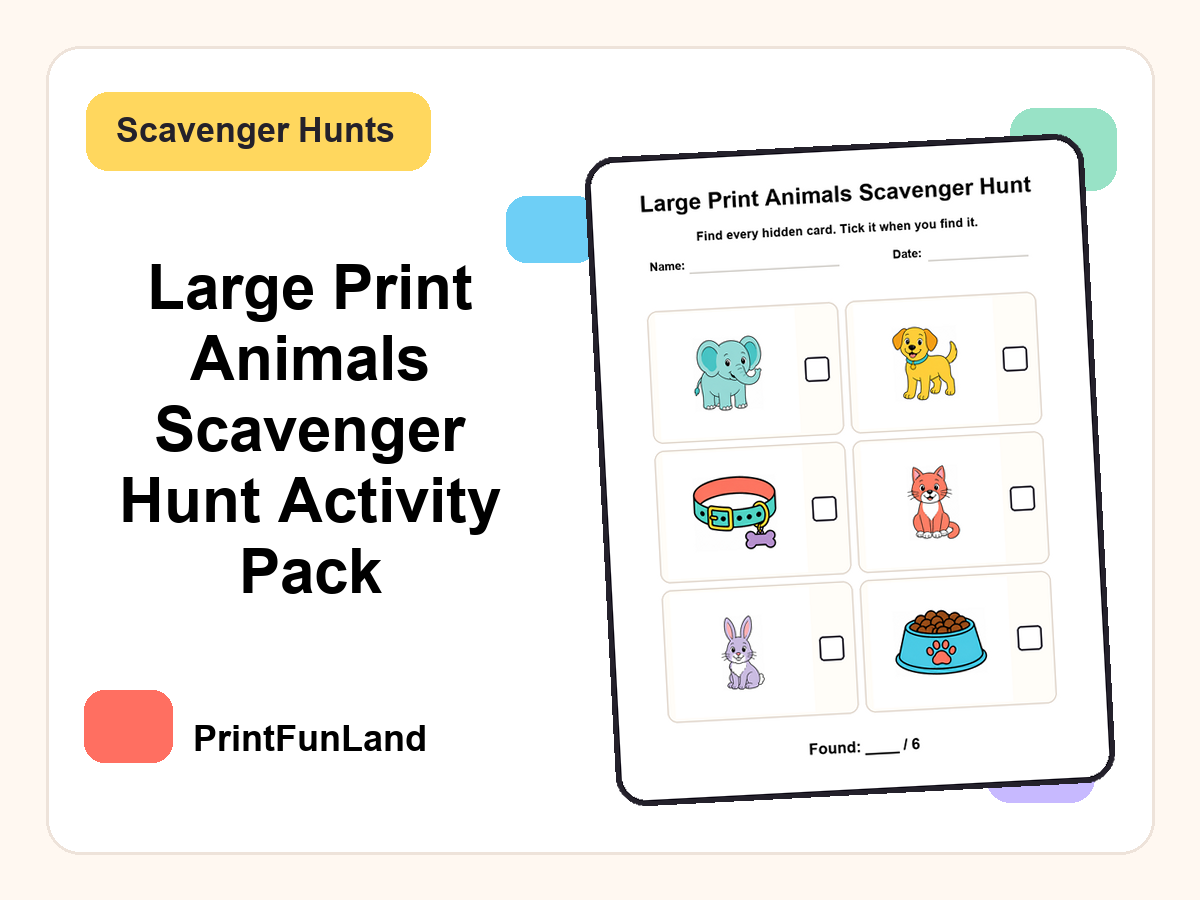 Large Print Animals Scavenger Hunt for Active Seniors printable preview