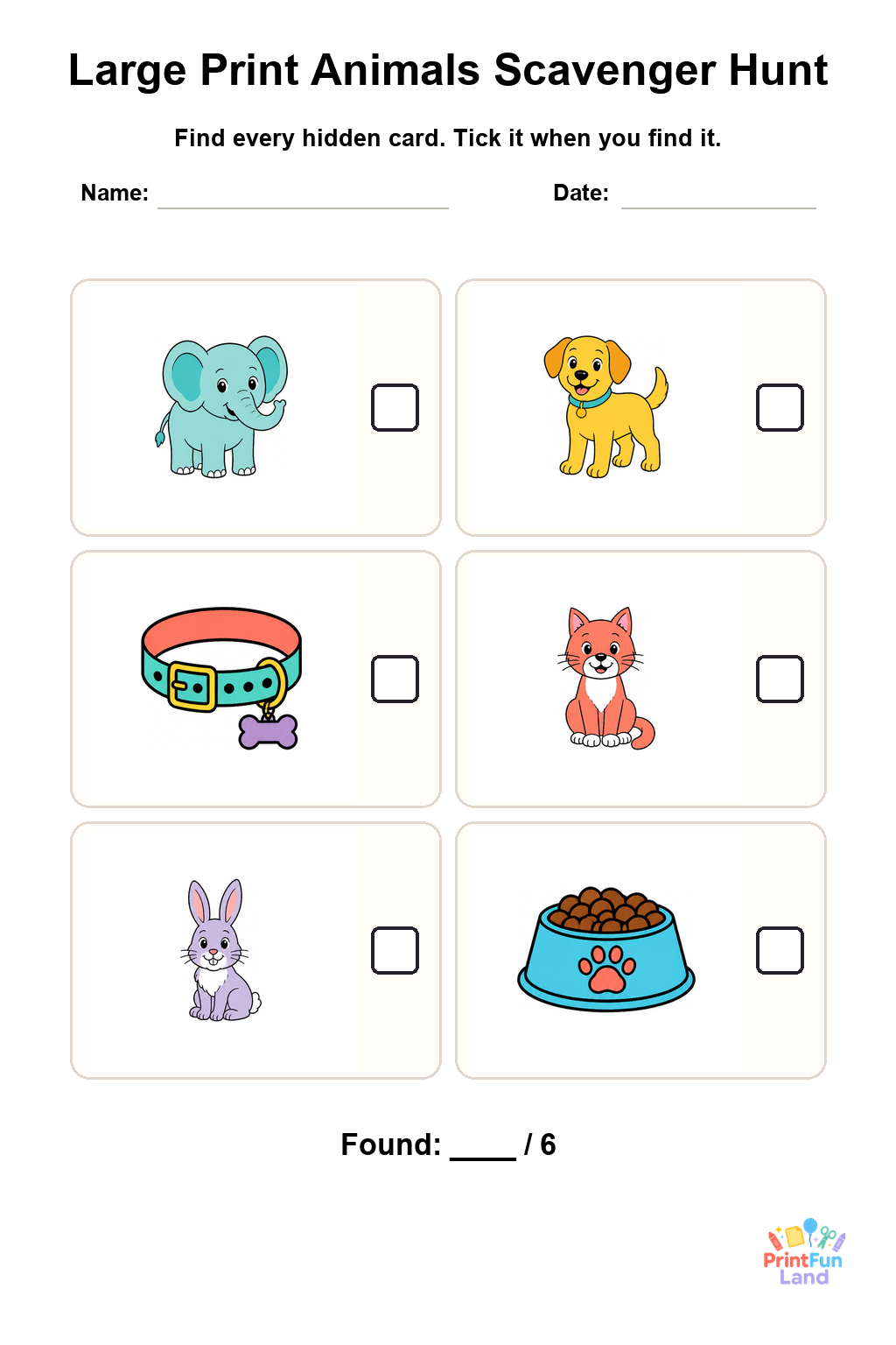 Large Print Animals Scavenger Hunt for Active Seniors printable page 1