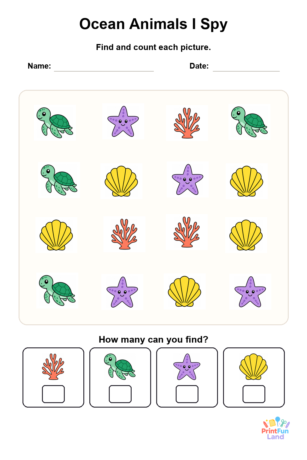 Ocean Animals I Spy for Preschoolers printable page 1