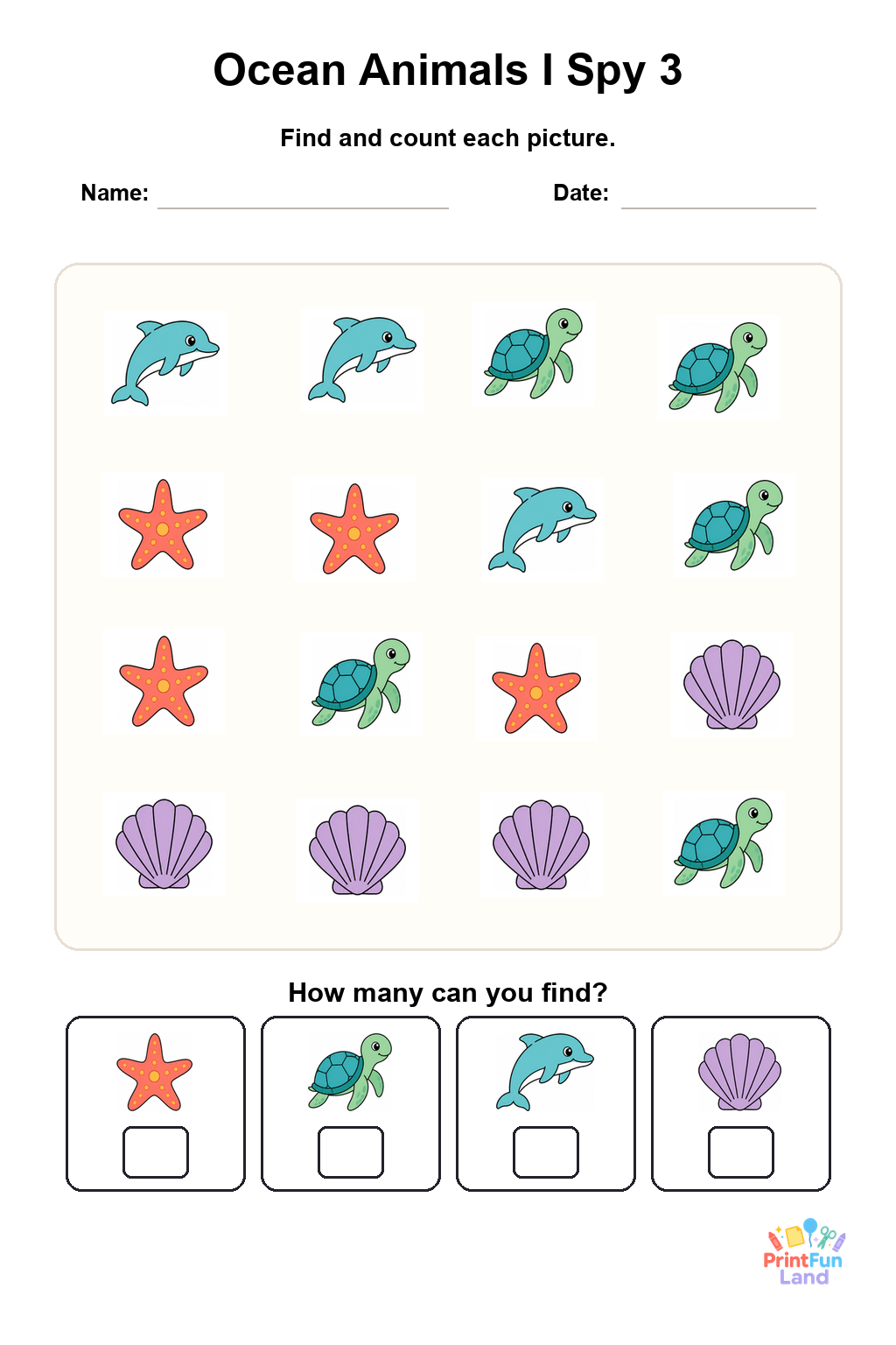 Ocean Animals I Spy for Preschoolers printable page 3