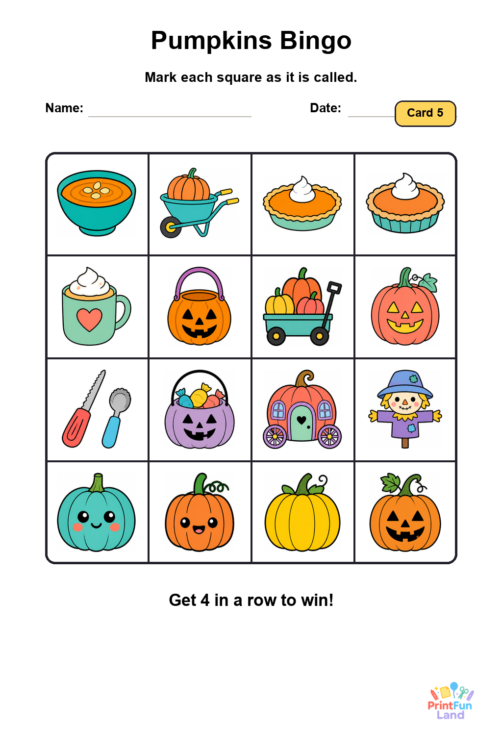 Pumpkins Bingo for Preschoolers printable page 5