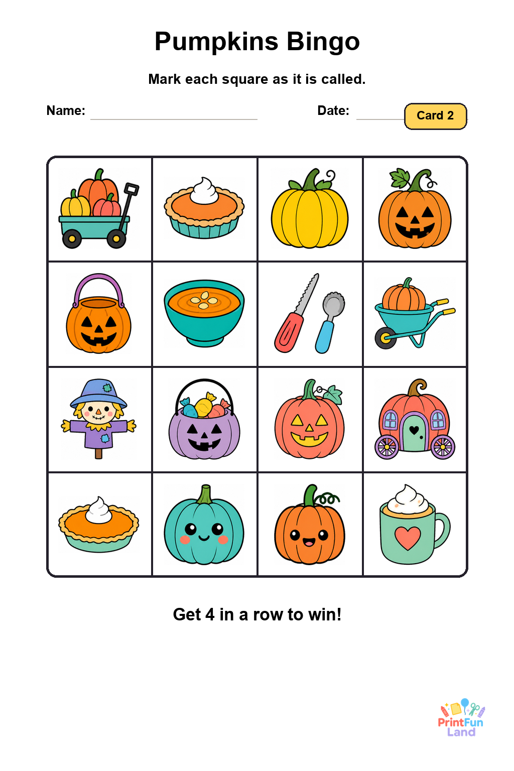 Pumpkins Bingo for Preschoolers printable page 2