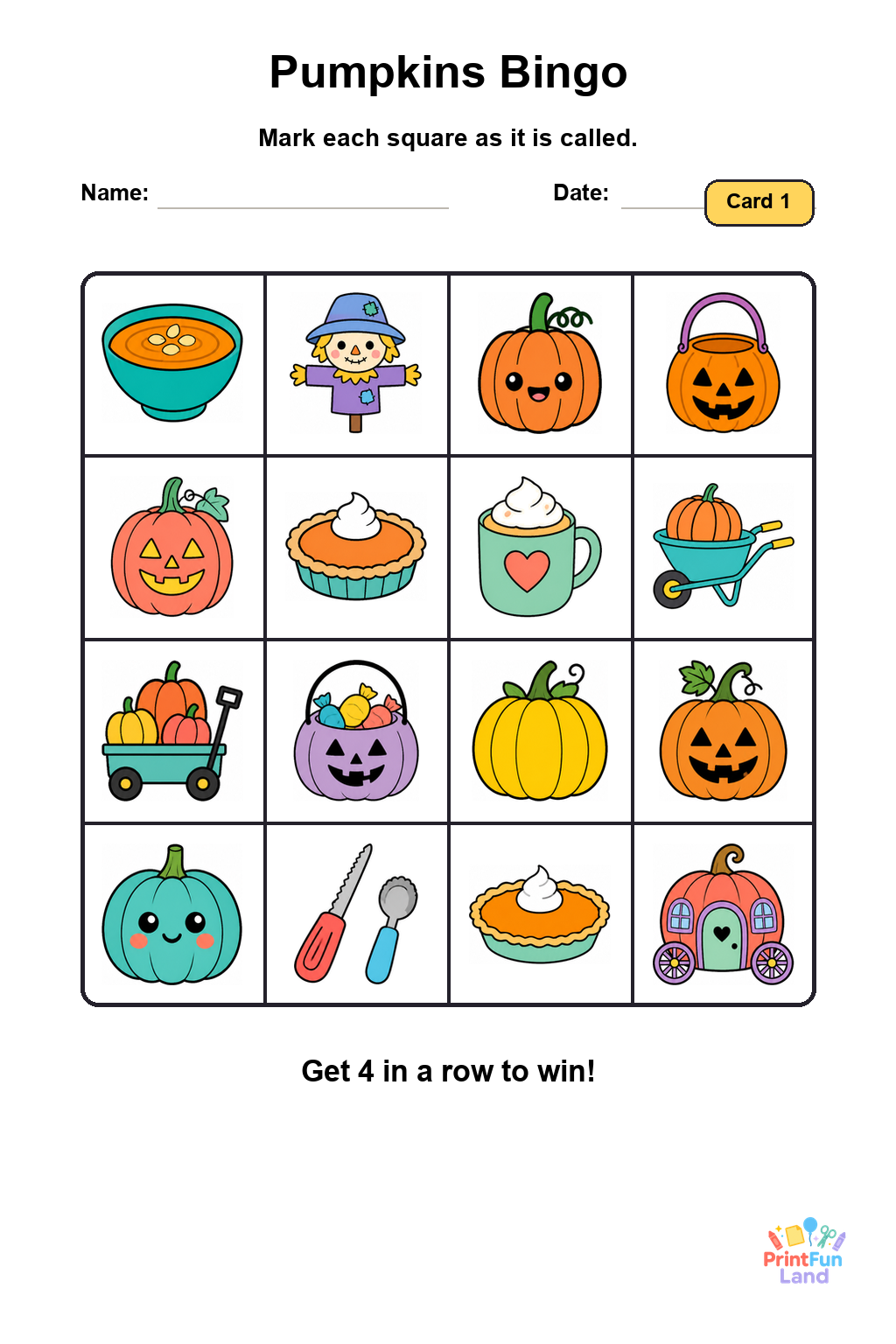 Pumpkins Bingo for Preschoolers printable page 1