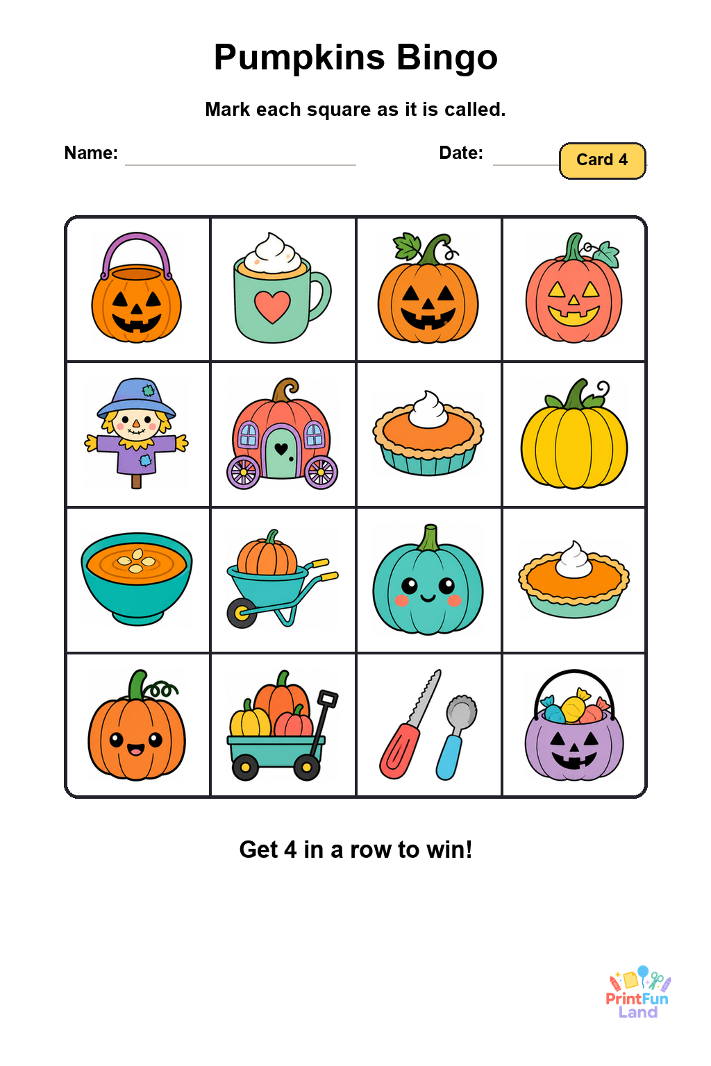 Pumpkins Bingo for Preschoolers printable page 4