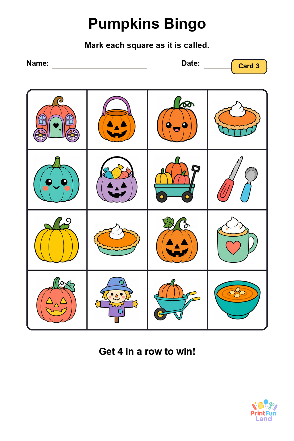 Pumpkins Bingo for Preschoolers printable page 3