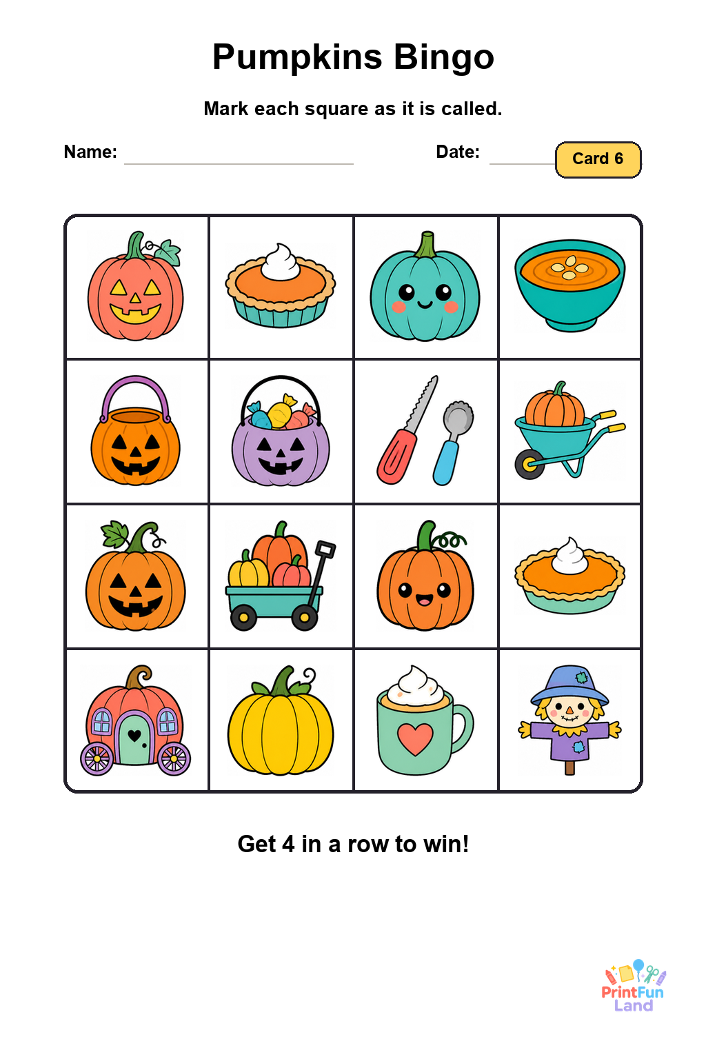Pumpkins Bingo for Preschoolers printable page 6