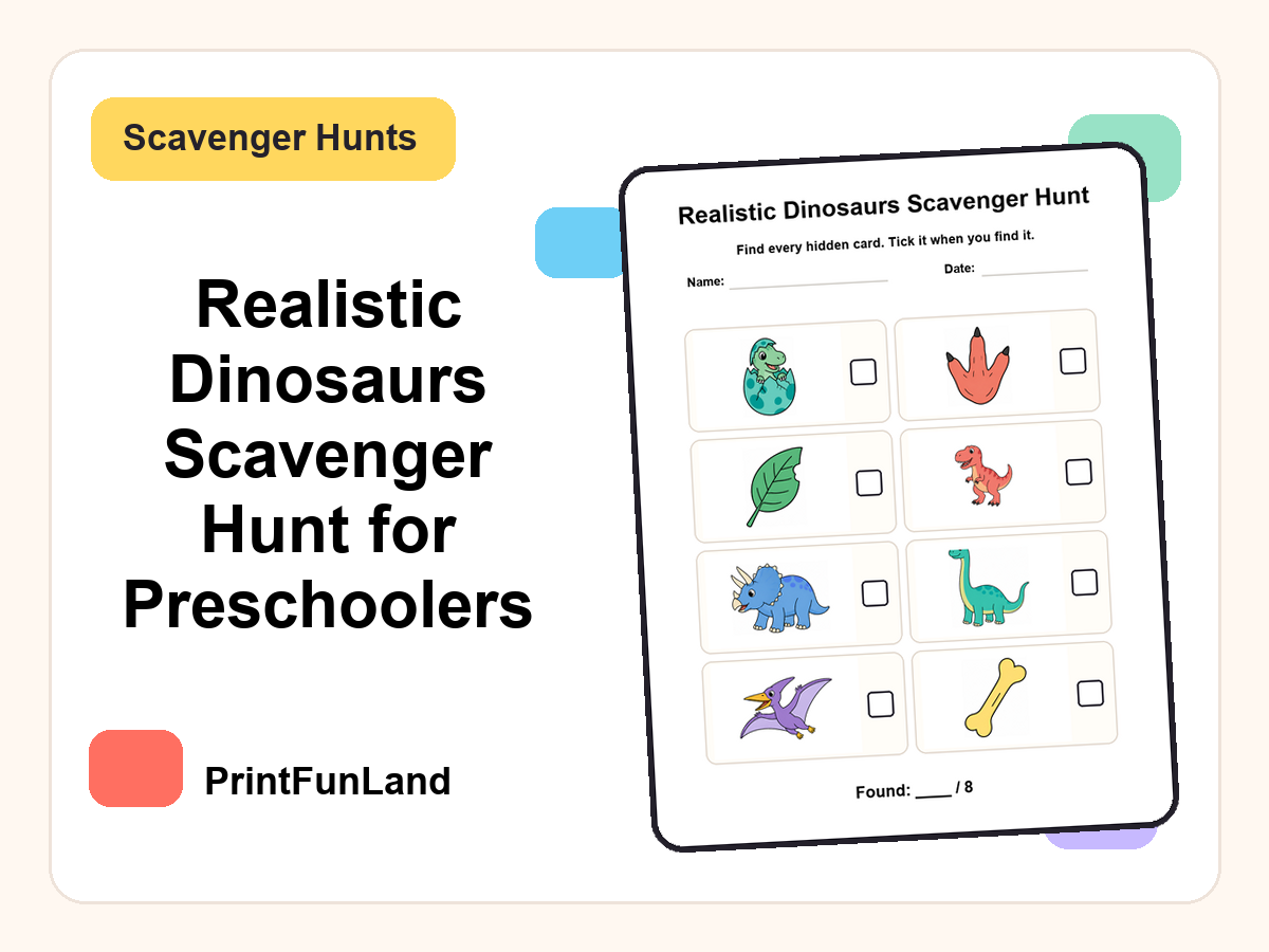 Realistic Dinosaurs Scavenger Hunt for Preschoolers printable preview