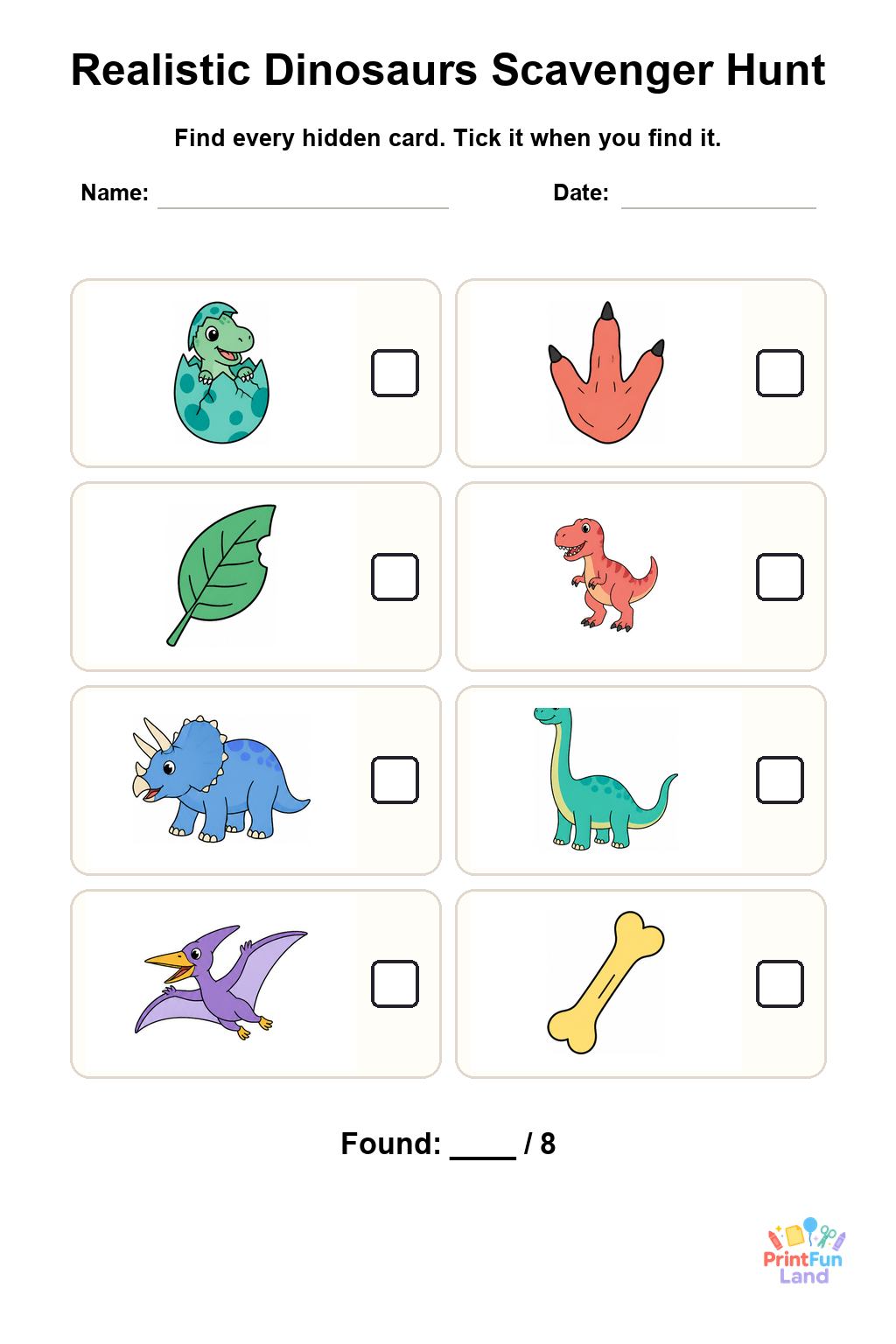 Realistic Dinosaurs Scavenger Hunt for Preschoolers printable page 1