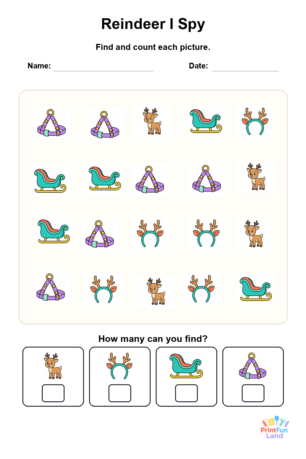 Reindeer I Spy for Preschoolers printable page 1