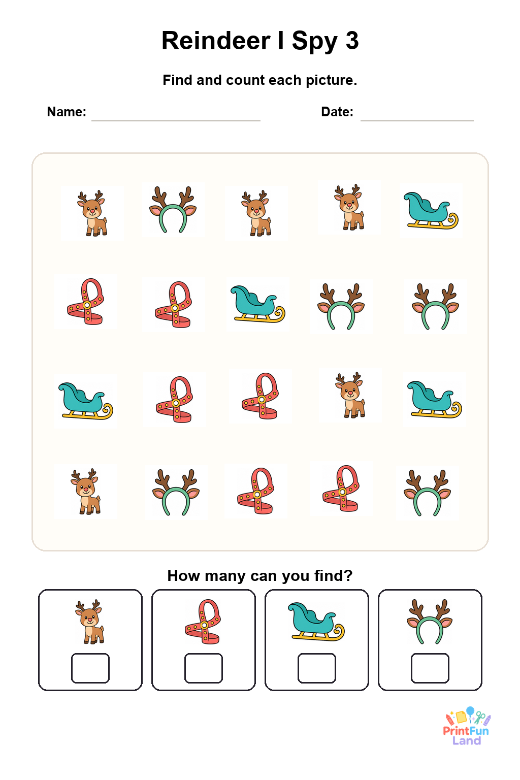 Reindeer I Spy for Preschoolers printable page 3