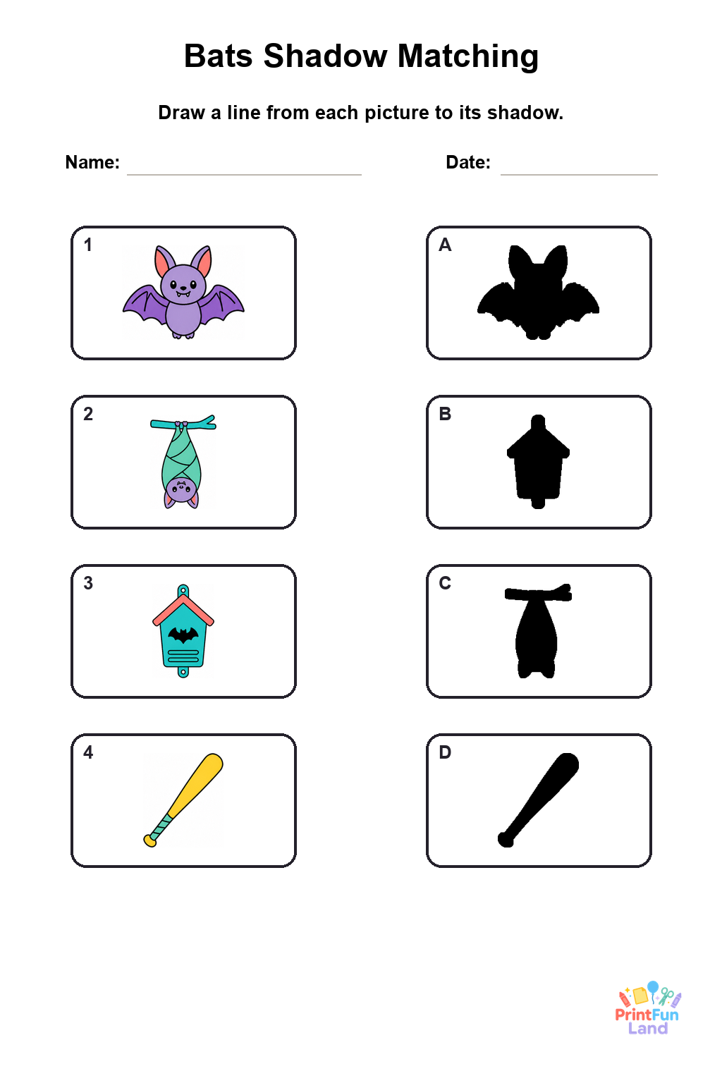 Bats Matching Games for Preschoolers printable page 3