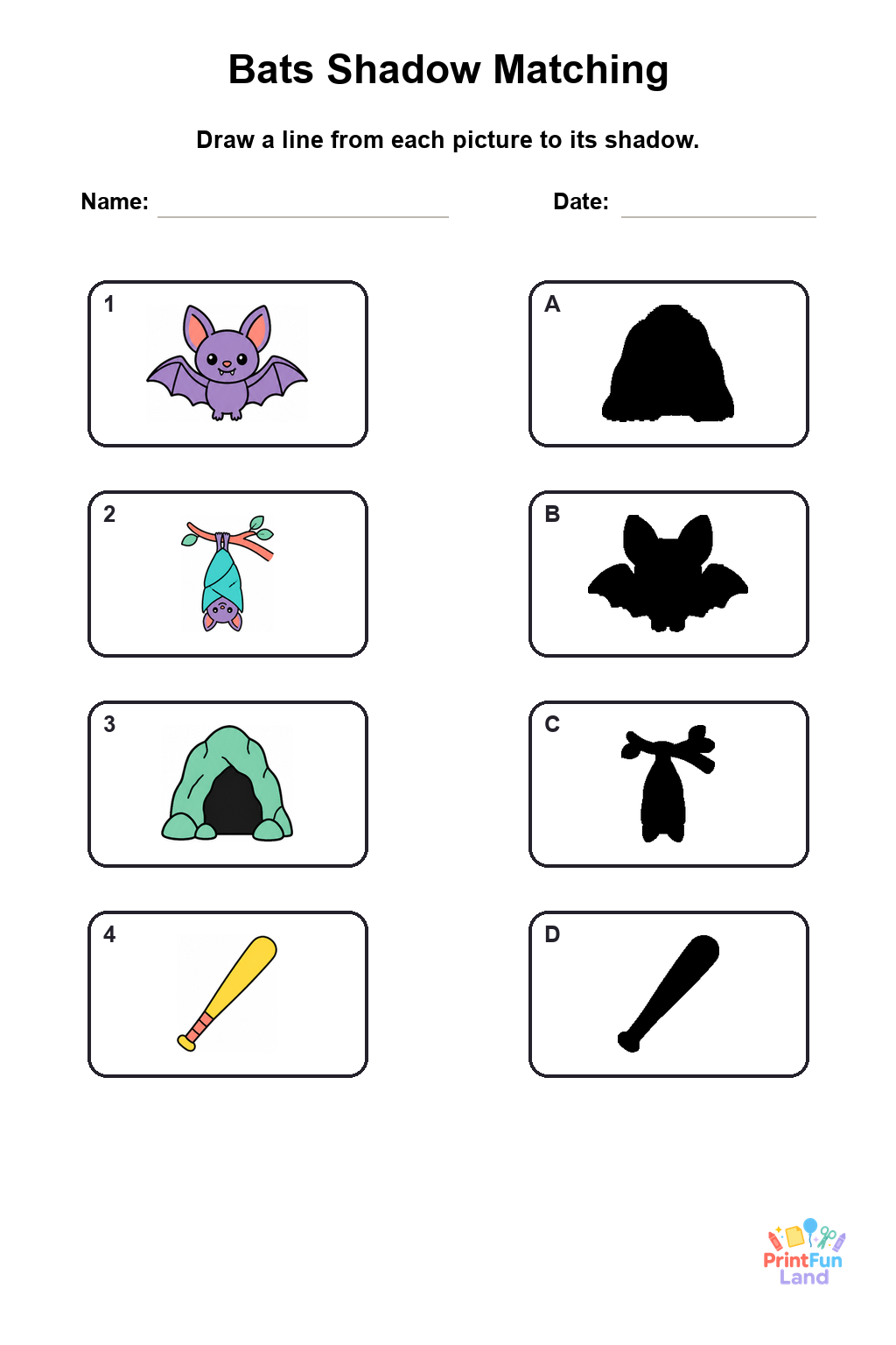 Bats Matching Games for Preschoolers printable page 5