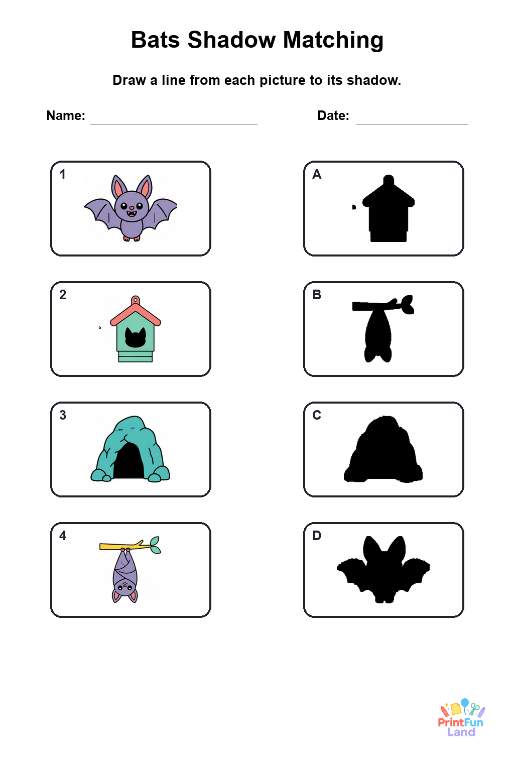 Bats Matching Games for Preschoolers printable page 2