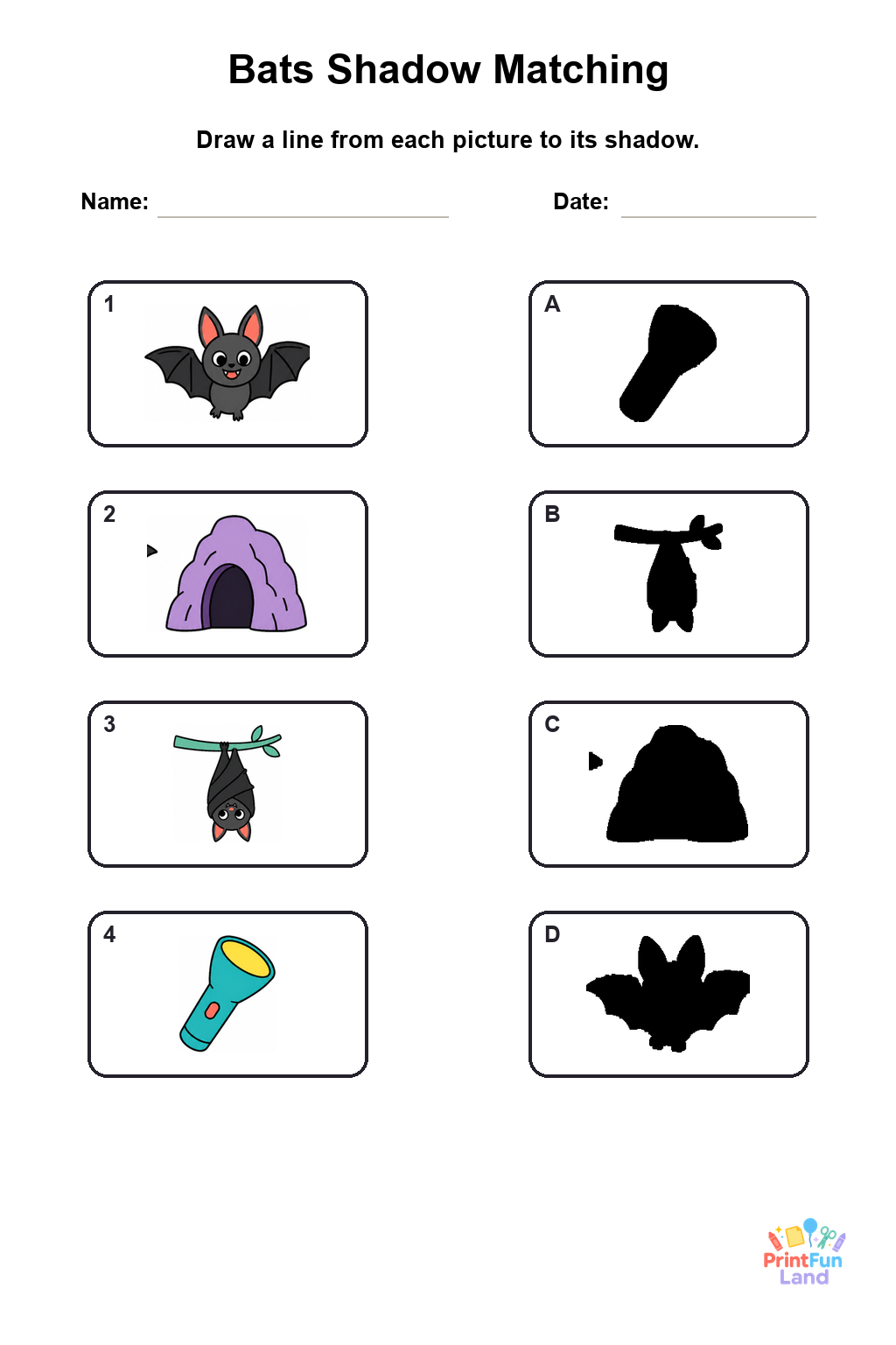 Bats Matching Games for Preschoolers printable page 4