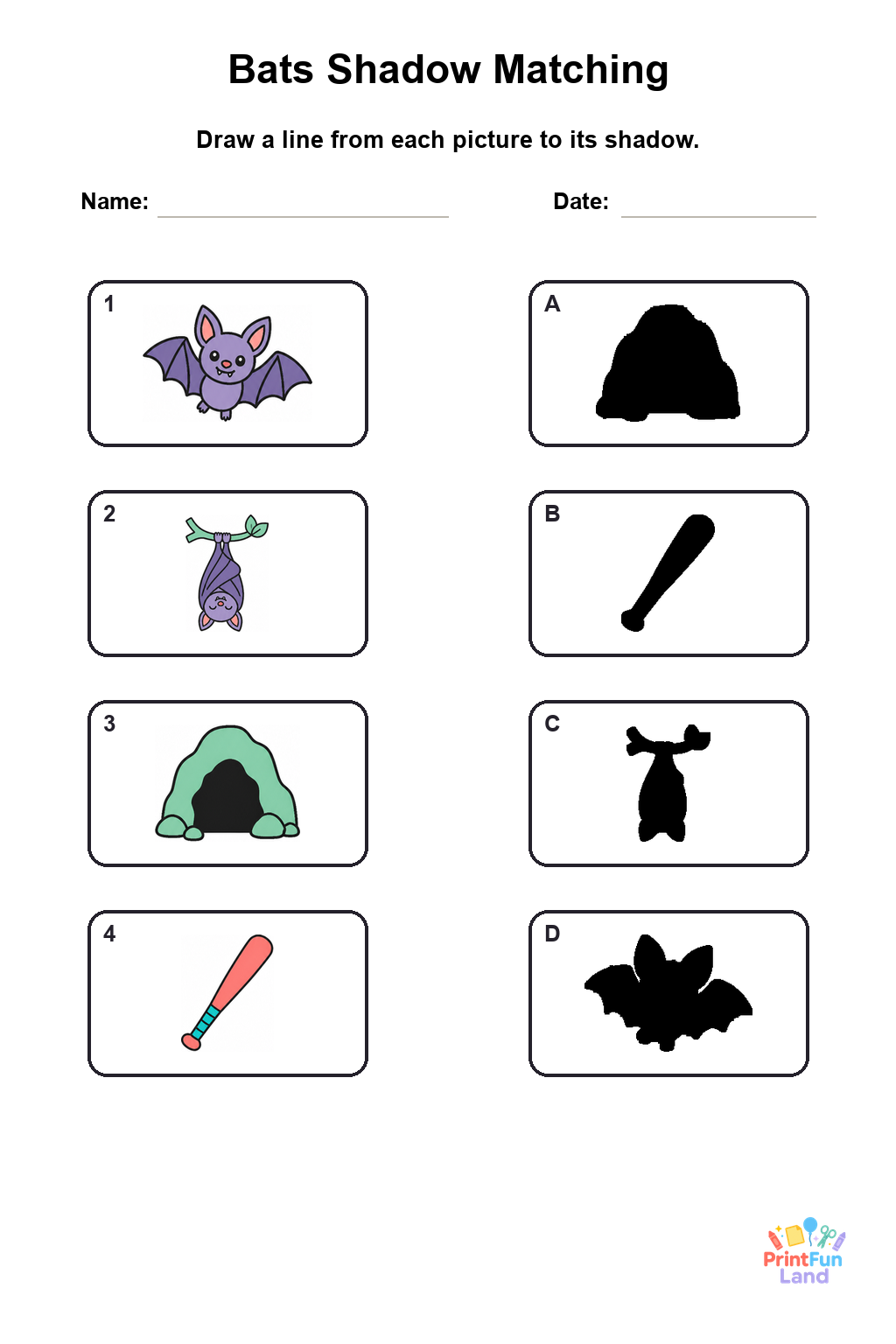 Bats Matching Games for Preschoolers printable page 6