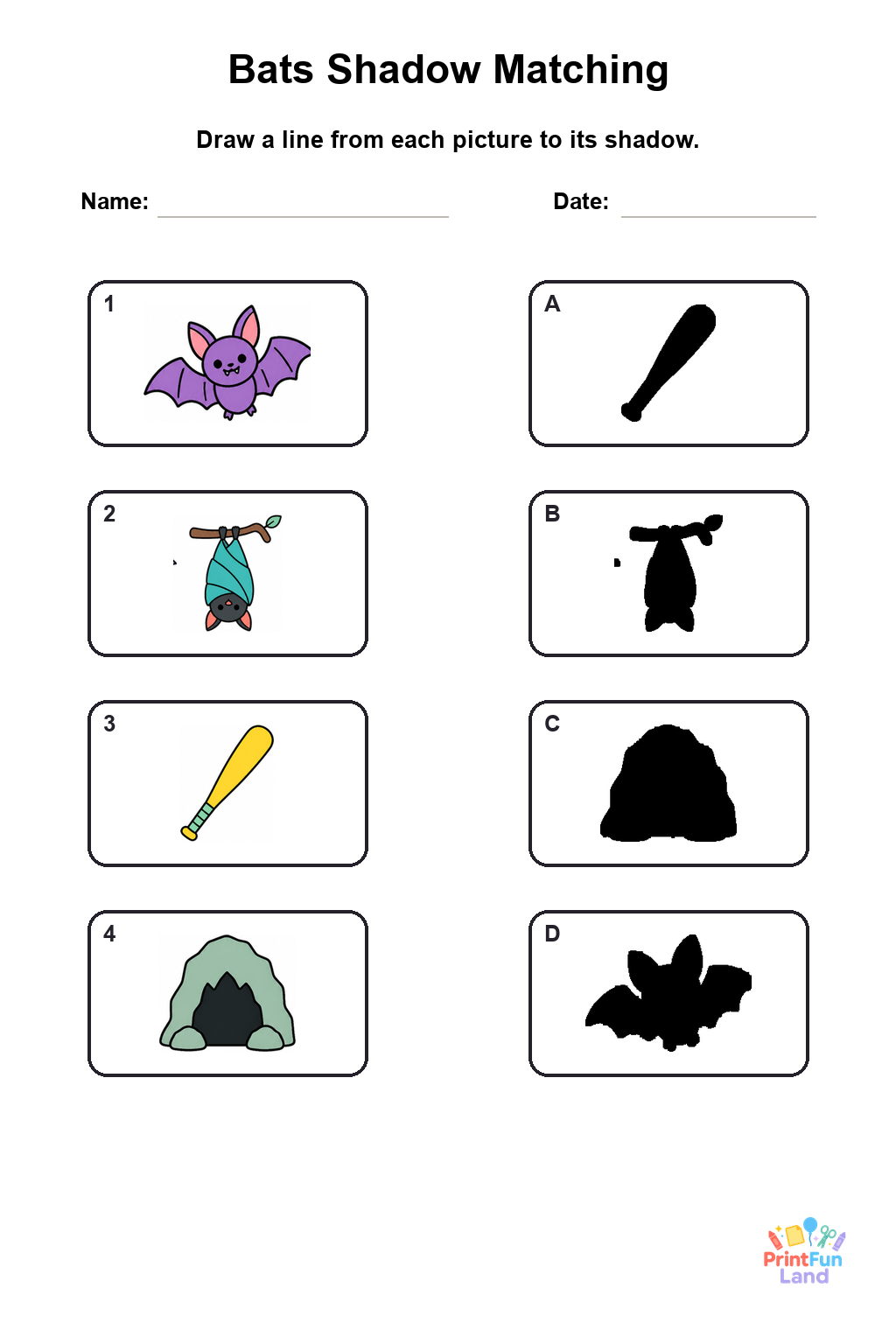 Bats Matching Games for Preschoolers printable page 1