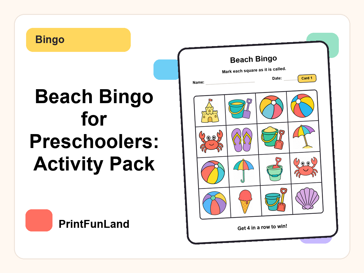 Beach Bingo for Preschoolers printable preview