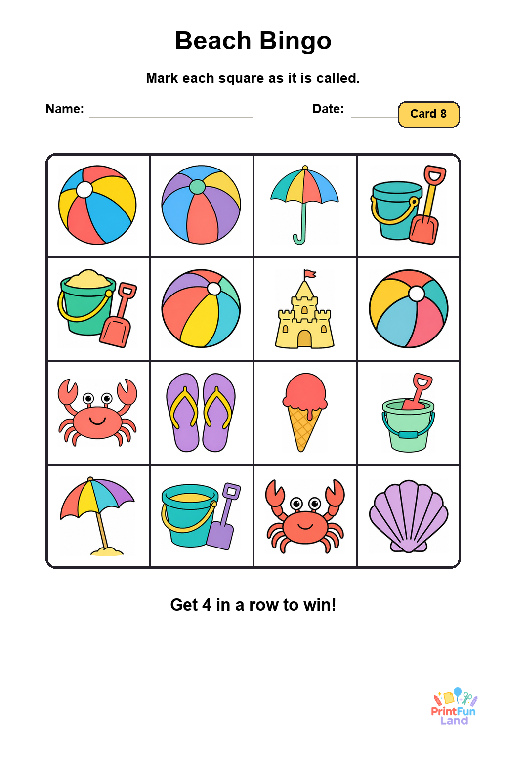 Beach Bingo for Preschoolers printable page 8