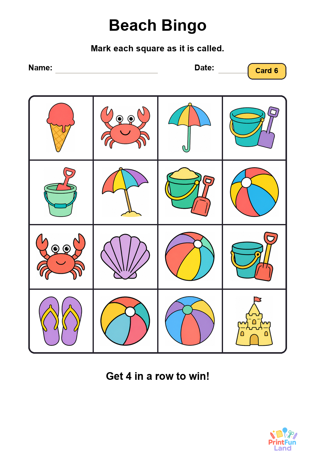 Beach Bingo for Preschoolers printable page 6