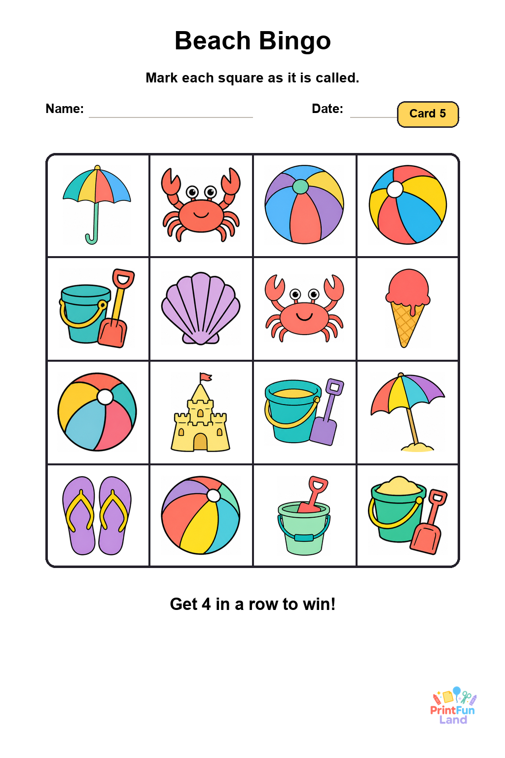 Beach Bingo for Preschoolers printable page 5