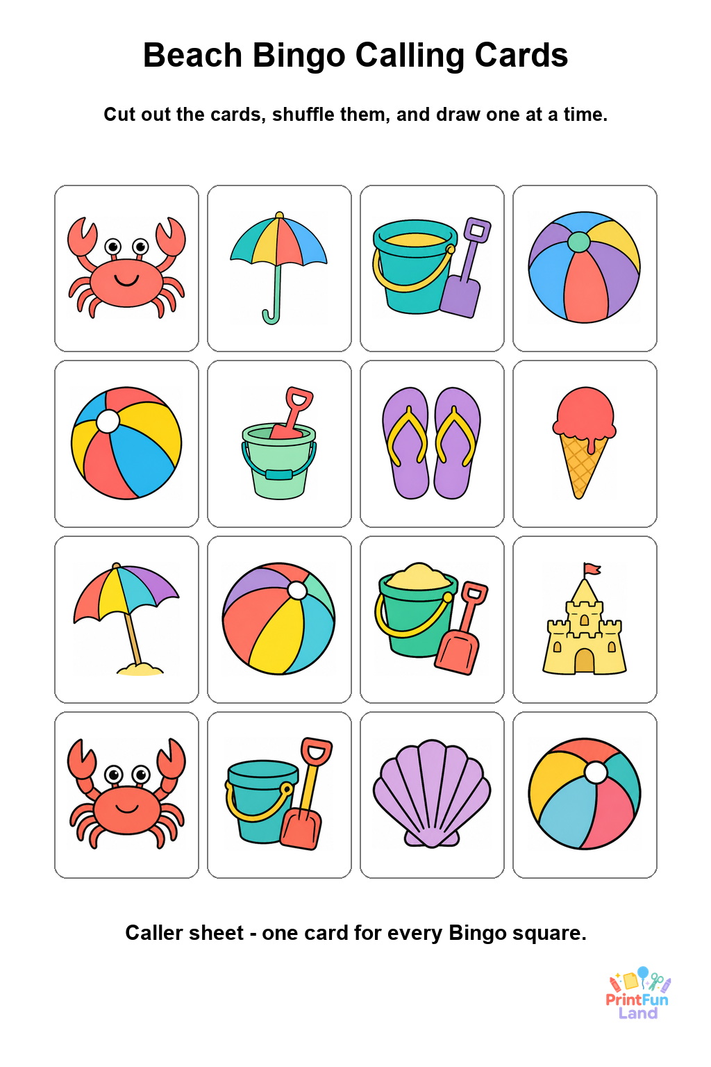 Beach Bingo for Preschoolers printable page 9