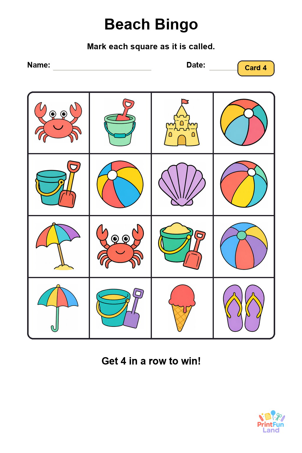 Beach Bingo for Preschoolers printable page 4