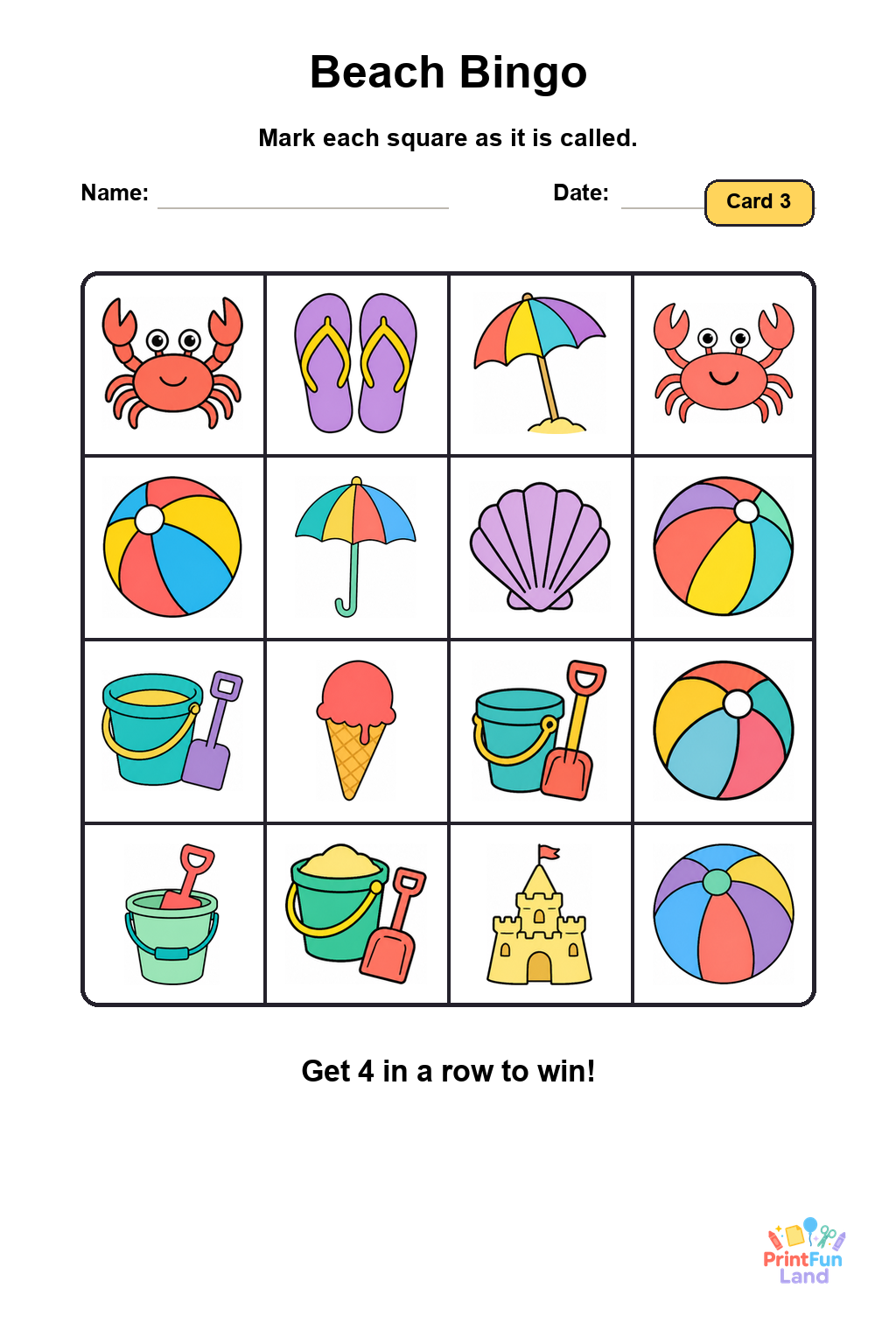 Beach Bingo for Preschoolers printable page 3