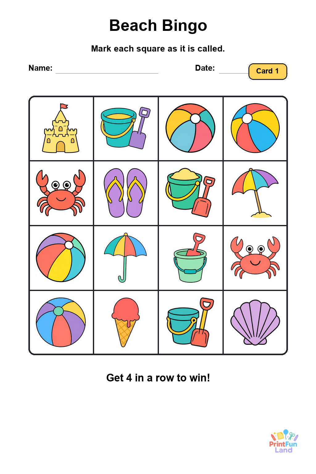 Beach Bingo for Preschoolers printable page 1