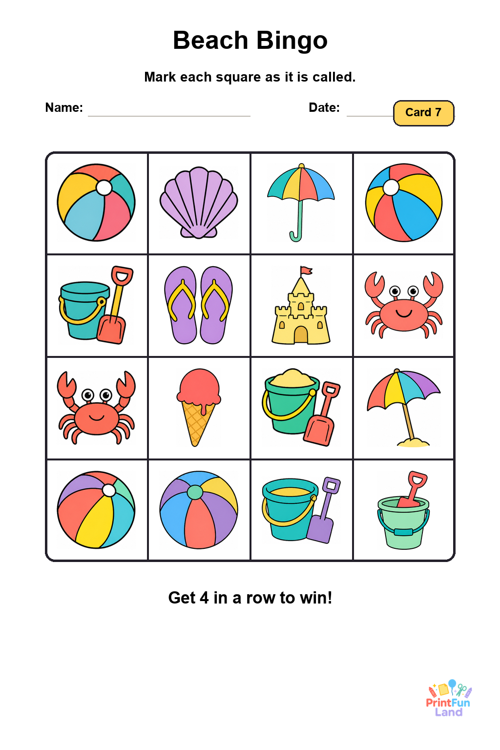Beach Bingo for Preschoolers printable page 7