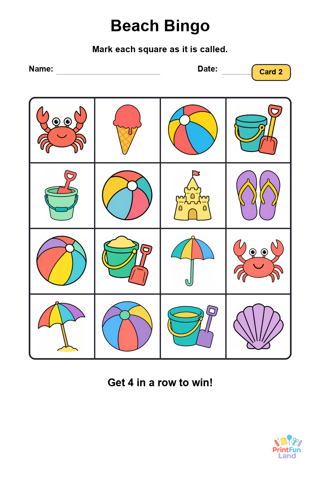 Beach Bingo for Preschoolers printable page 2
