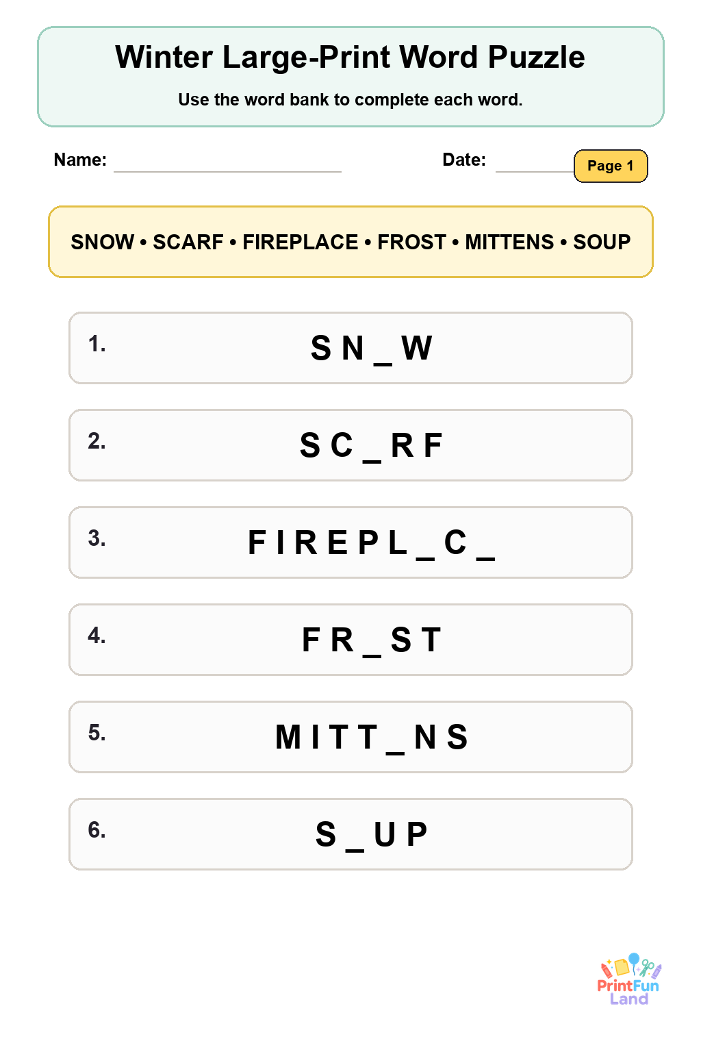 Winter Senior Activity for Independent Seniors printable page 1