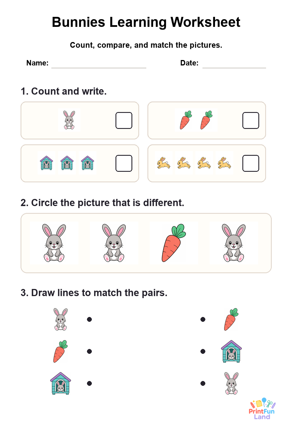 Bunnies Worksheets for Preschoolers printable page 1