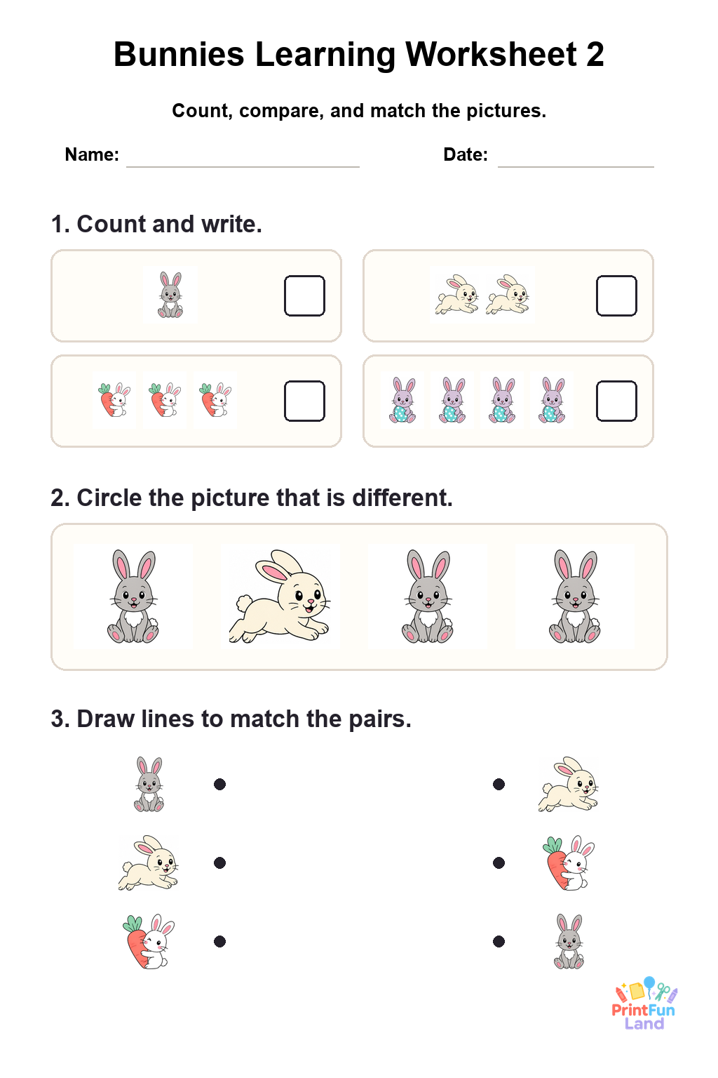 Bunnies Worksheets for Preschoolers printable page 2