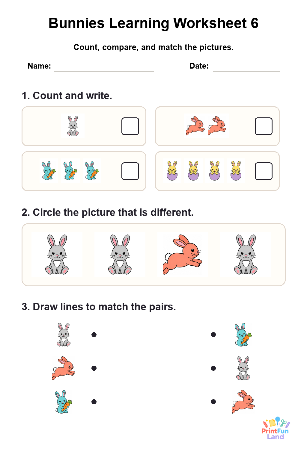 Bunnies Worksheets for Preschoolers printable page 6