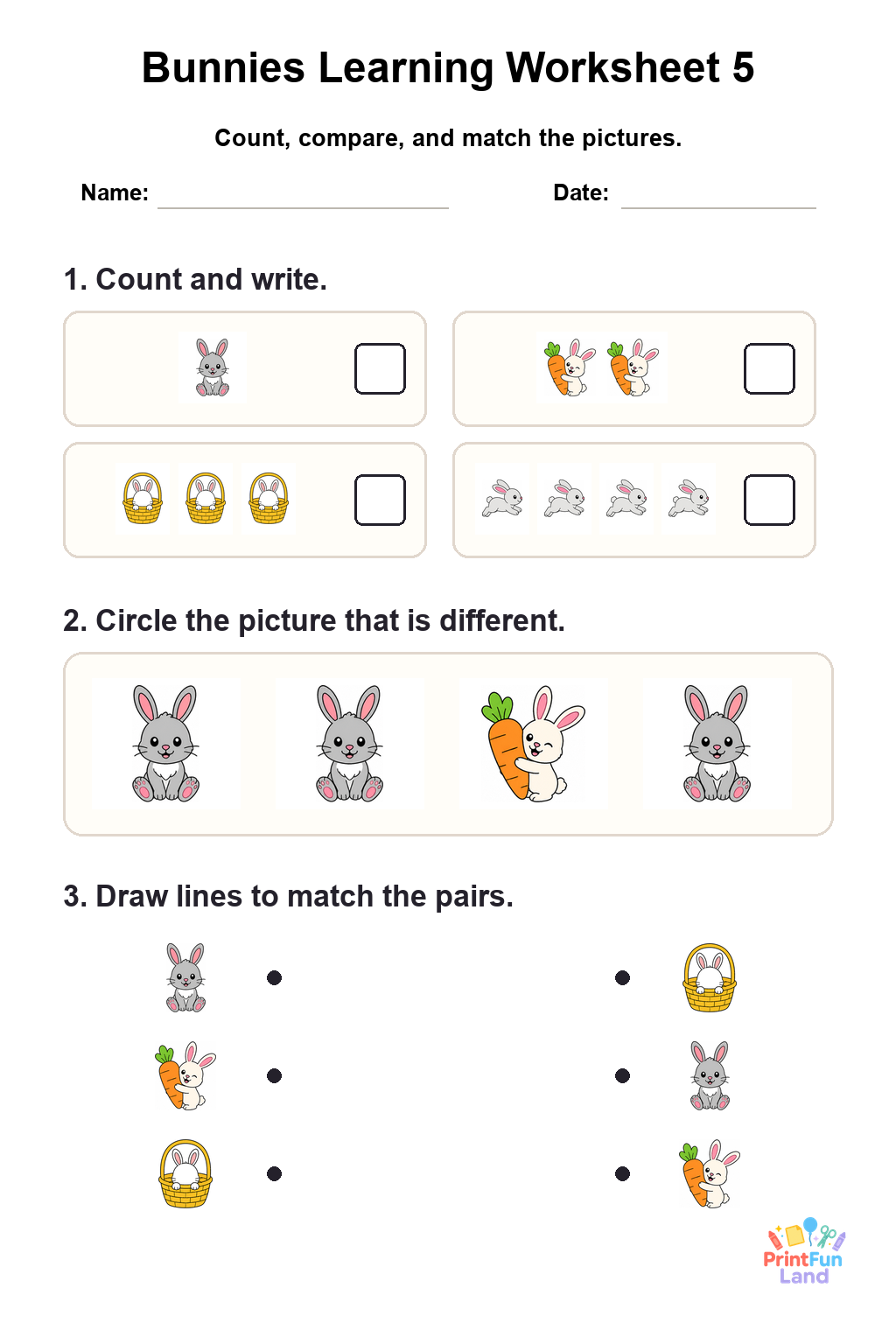 Bunnies Worksheets for Preschoolers printable page 5