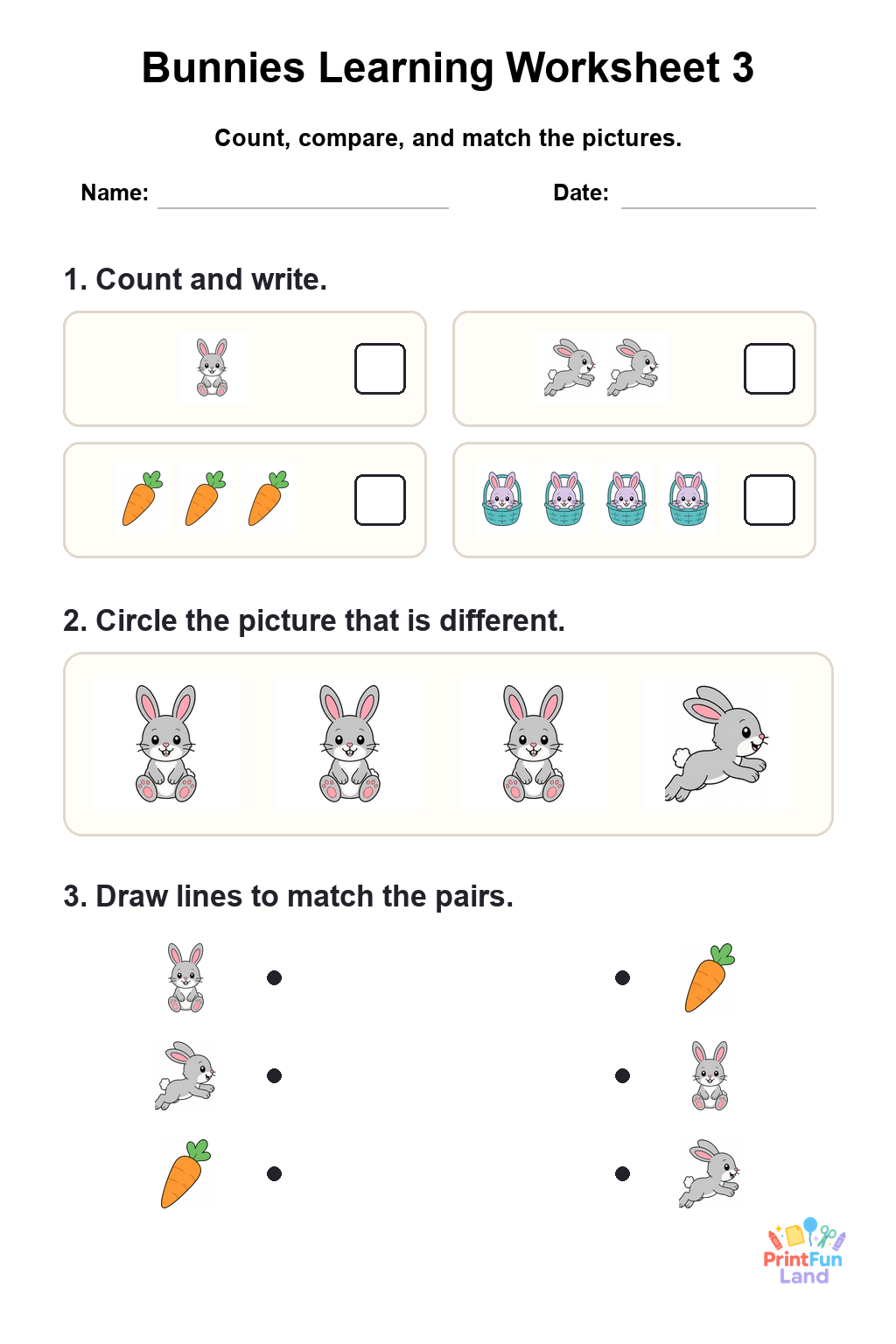 Bunnies Worksheets for Preschoolers printable page 3