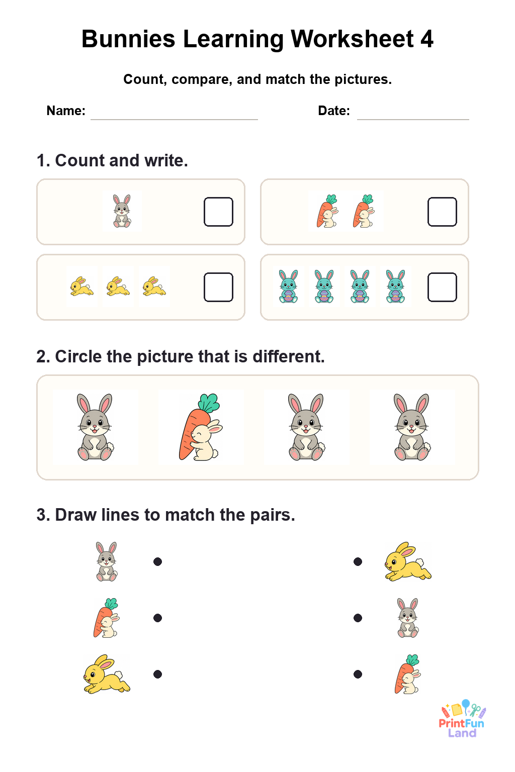 Bunnies Worksheets for Preschoolers printable page 4
