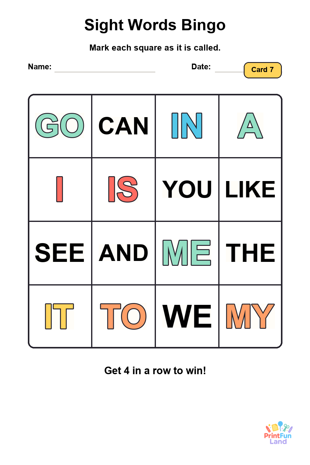 Sight Words Bingo for Preschoolers printable page 7