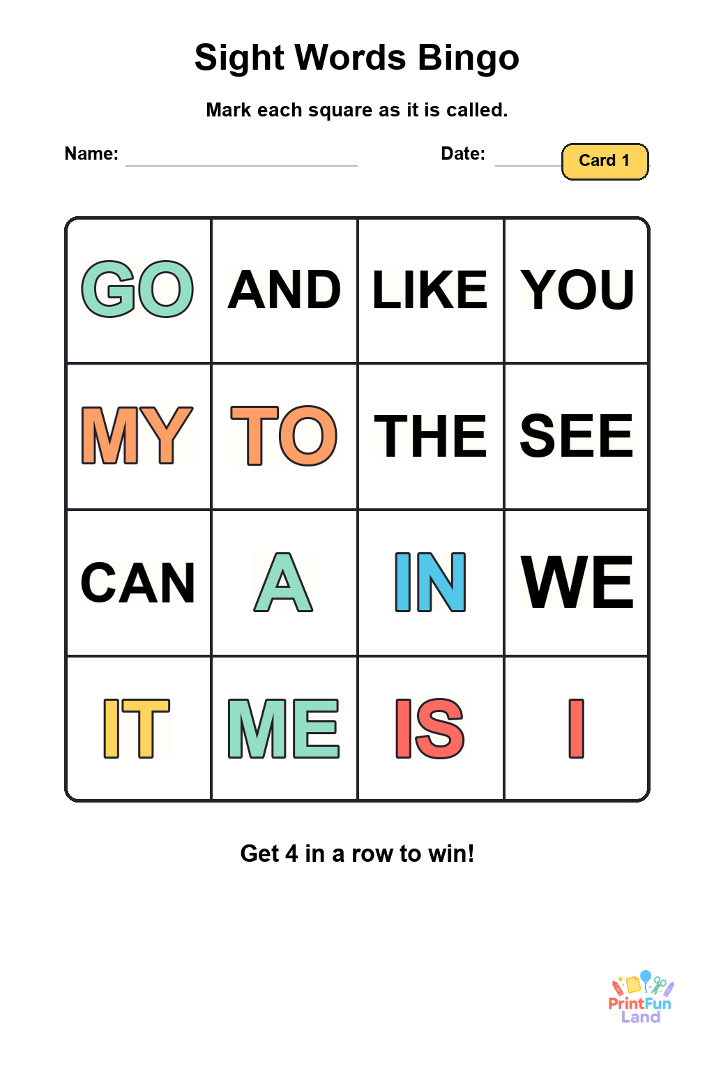 Sight Words Bingo for Preschoolers printable page 1