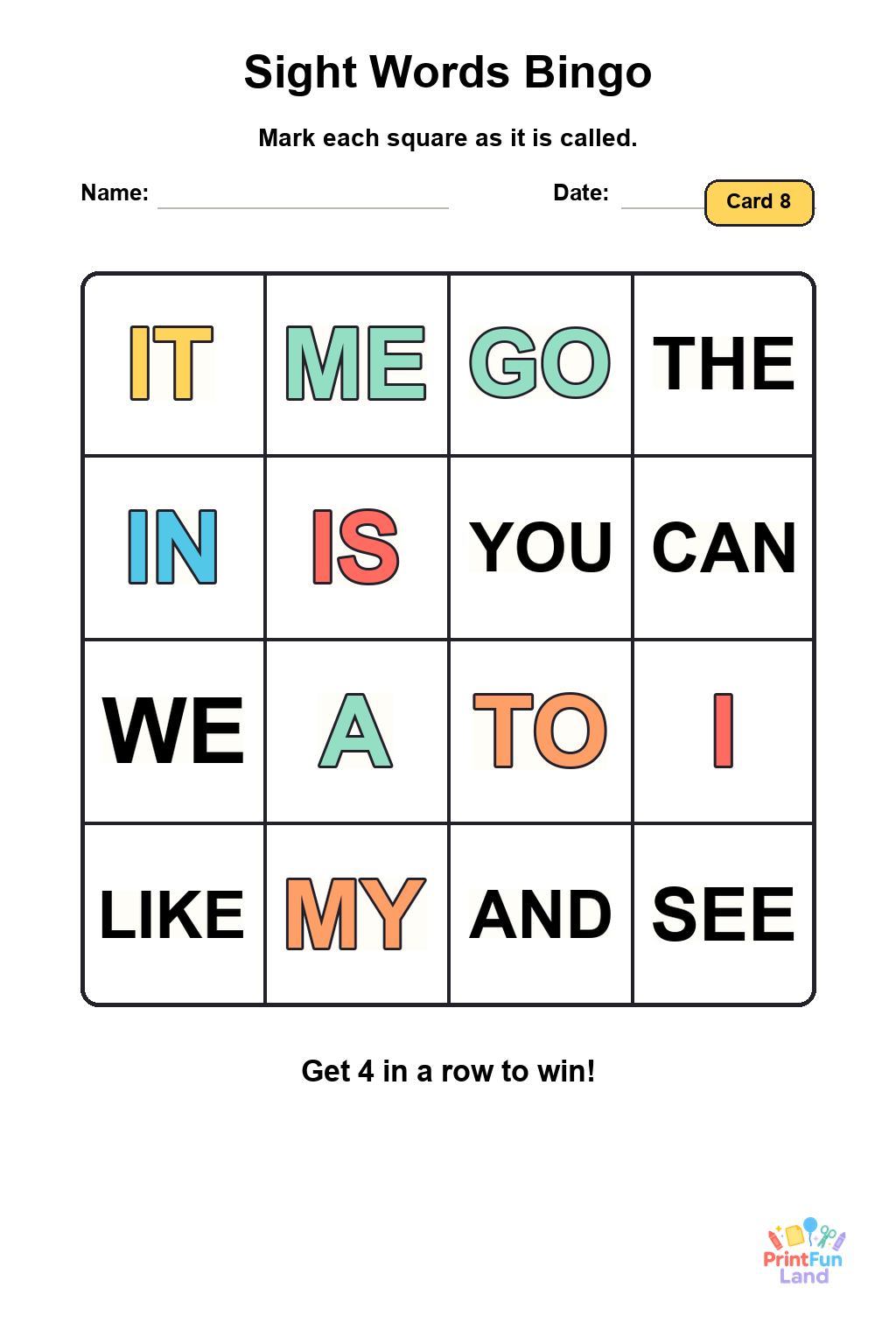 Sight Words Bingo for Preschoolers printable page 8